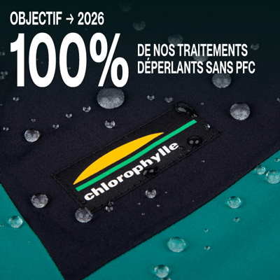 « Objectif 2026 : 100 % des traitements déperlants sans PFC, illustré par un visuel mettant en avant l’engagement environnemental de l’entreprise.