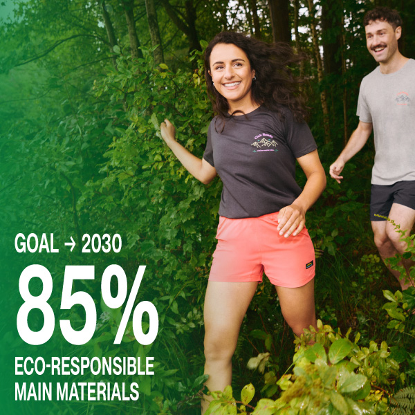 2030 target: 85% eco-friendly main materials, illustrated by a visual highlighting the company's environmental commitment.
