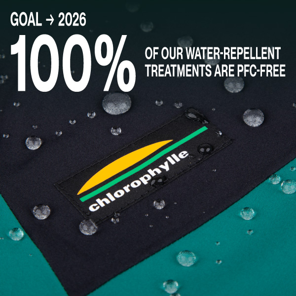 Goal for 2026: 100% PFC-free water-repellent treatments, illustrated by a visual highlighting the company's environmental commitment.