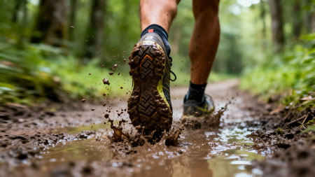 Close-up of hiking boots walking through muddy terrain