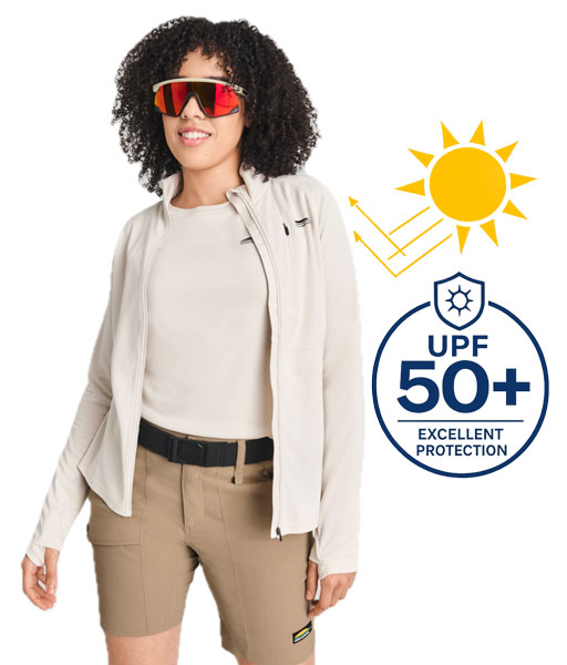 Woman wearing Chlorophylle sun‑protective clothing.